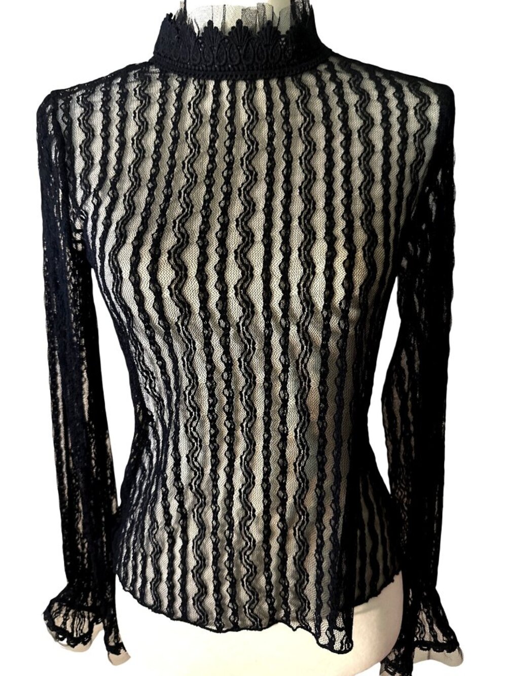 Whimsigoth Choklate Paris Black Sheer Lace Top Small Top Classic Chic High Neck